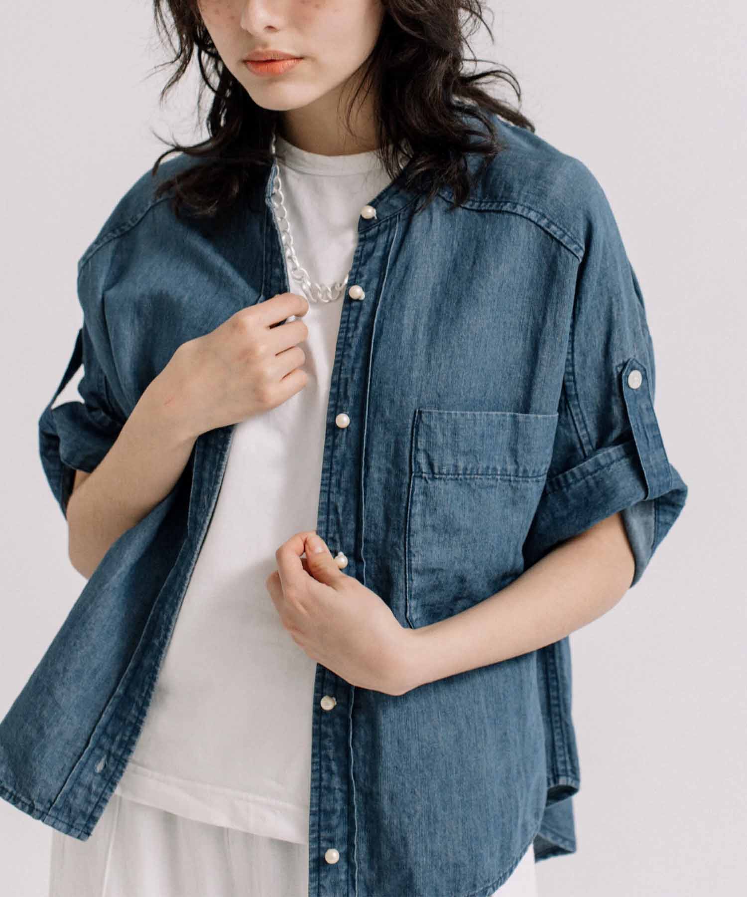 綿麻デニムパール釦半袖シャツ